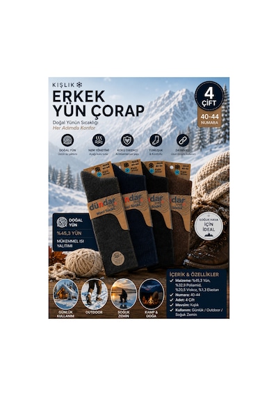 Dündar Çorap Erkek Kışlık Yün Çorap 4 Çift 40-44 Termal Sıcak Tutan Yumuşak Outdoor Günlük Çorap Gri-lcvrt-syh-khv