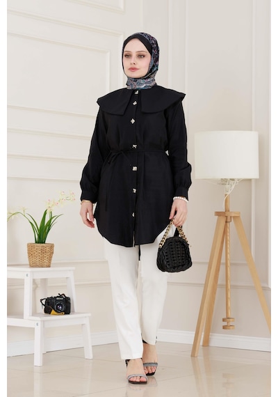 Sevitli Beli Bağcık Detaylı Geniş Yaka Tunik-siyah-4988 Siyah