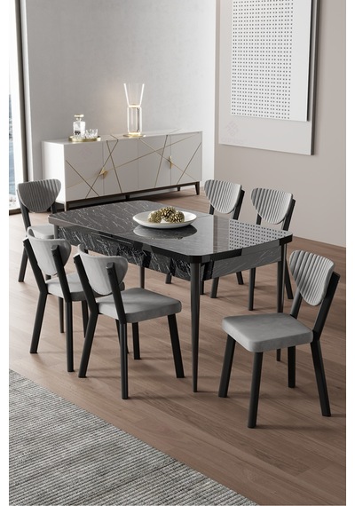 Canisa Exve Serisi 80x132 Açılabilir Siyah Mermer Desen Masa Takımı Ve 6 Gri Sandalye Siyah Mermer Masa Gri Sandalye Canisa Exve Serisi 80x132 Açılabilir Siyah Mermer Desen Masa Takımı Ve 6 Gri Sandalye Siyah Mermer Masa Gri Sandalye