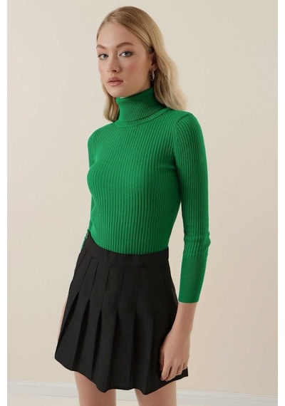 Onno Style Women Fitilli Balıkcı Yaka Basic Kazak Yeşil