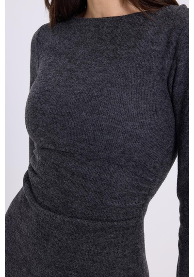 Tudors Kadın Slim Fit Dar Kesim Bisiklet Yaka Antrasit Elbise-41644 Antrasit