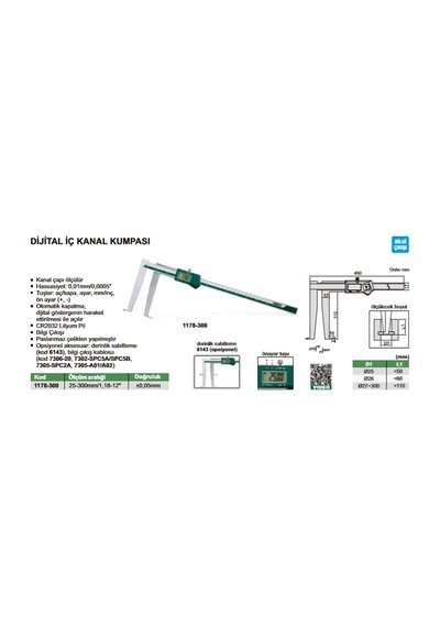 Insize 1178-300 Dijital İç Kanal Kumpası 25-300mm/1.18-12" - 0.01mm/0.0005"