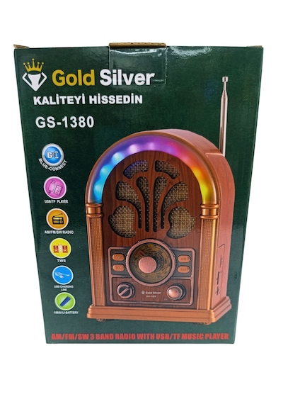 Gold Silver Gs-1380 Rgb Led Işıklı Nostaljik Ahşap Radyo Şarjlı Bluetooth Hoparlör Tws Usb Tf