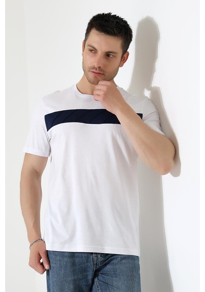 Erkek İki Renk Parçalı Bisiklet Yaka T-shirt - Pamuklu Tişört Beyaz