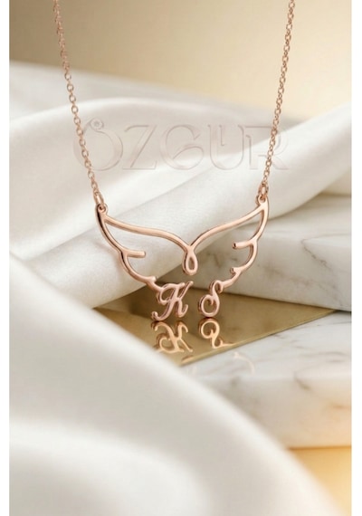 925 Ayar Gümüş Kanatlı Harf Kolye Rose Gold