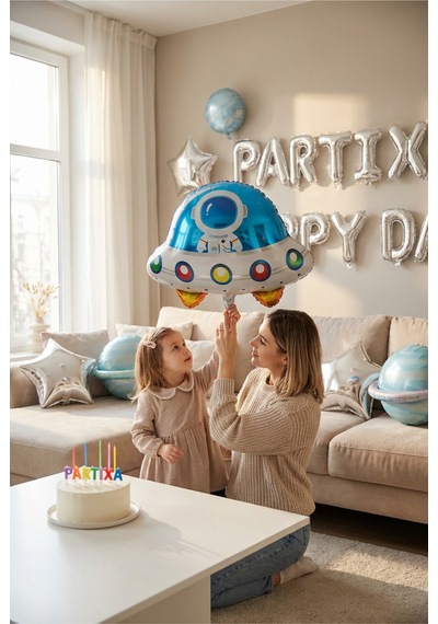 Astronotlu Ufo Uzay Gemisi Folyo Balon 60x57 Cm Uzay Temalı Çocuk Doğum Günü Parti Süsü Çok Renkli