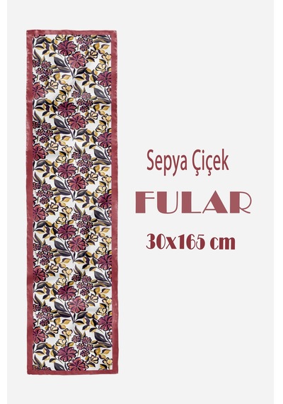 Sepya Çiçek Desen Şık & Zarif Kadın Aksesuarı Saten Fular 30x165cm Çok Renkli