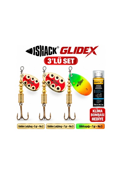 Fishack Glidex 3'lü Döner Kaşık Seti + Klima Bombası - Golden Ladybug 5 Gr No:2 + Golden Ladybug 7 Gr No:3 + Gökkuşağı 7 Gr No:3