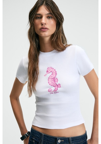 Grımelange ATHEA Kadın Bisiklet Yaka Kısa Kollu Önü Baskılı Slim Beyaz - Pembe baskılı T-Shirt
