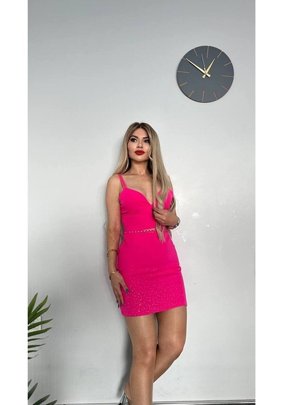 Tane Tasarım Taşlı Etek Büstiyer Takım Askılı Crop Alt Üst Takım Pembe