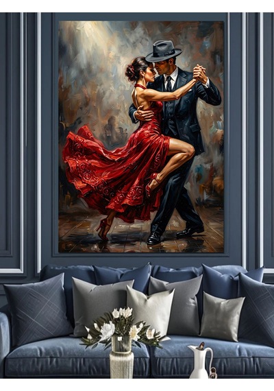 Romantik Kırmızı Elbiseli Tango Dansı Dekoratif Kanvas - Mdf Ahşap Tablo