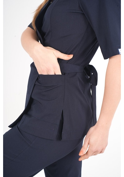 Lacivert Elegant Model Cerrahi Üniforma Belden Bağlamalı Scrubs Takım Lacivert