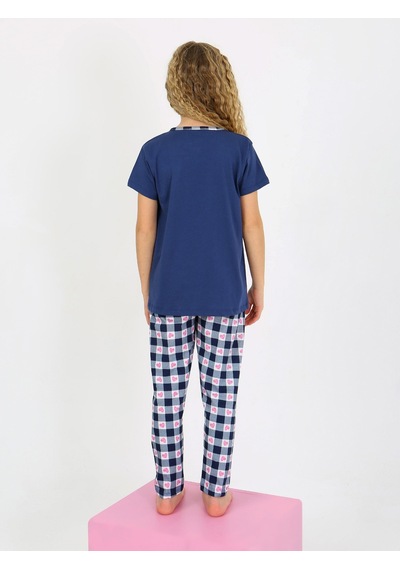 Kız Çocuk Kısa Kollu Düğme Detaylı %100 Pamuklu Pijama Takımı Special Love Lacivert