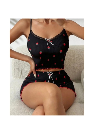 Selveta Kadın Siyah Penye İp Askılı Şortlu İnce Gecelik Pijama Takımı Çok Renkli