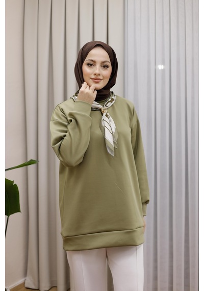 Moonsc Kadın Regular Fit Pamuklu Yaka Fularlı Bisiklet Yaka Haki Tunik