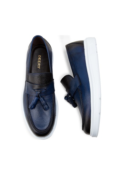 Deery Hakiki Deri Mavi Comfort Püsküllü Erkek Loafer - 01587mmvıp06 Mavi