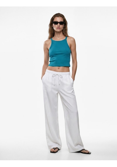 Koton Pamuklu Ribanalı Slim Fit Kolsuz Halter Yaka Crop Top Turkuaz 6sak10424ek