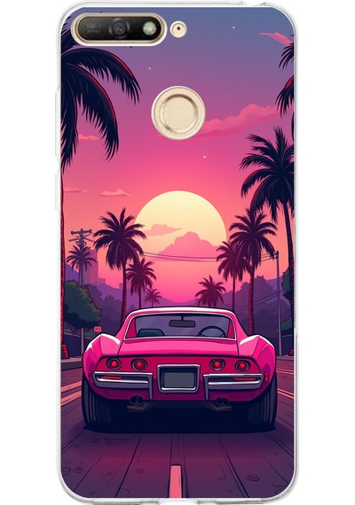 Huawei Y6 2018 - Honor 7a Uyumlu Palmiye Neon Pembe Araba Baskılı Silikon Kılıf Renkli
