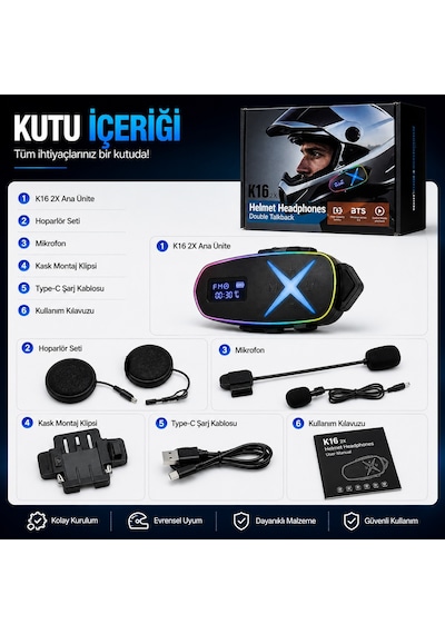 K16 2x Bluetooth Motosiklet Kask Interkomu Bluetooth 6.0 Çift Yönlü Konuşma Müzik Dinleme Telefon Görüşmesi Type-c Şarjlı