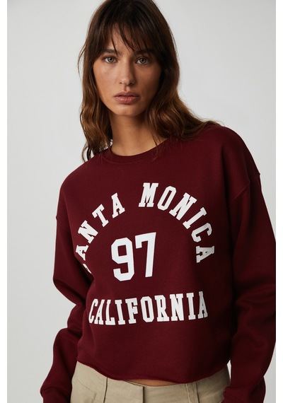 ETHIQUET JAE YN Kadın Uzun Kollu Yuvarlak Yaka Önü Baskılı Düşük Omuz Kısa Bordo Sweatshirt