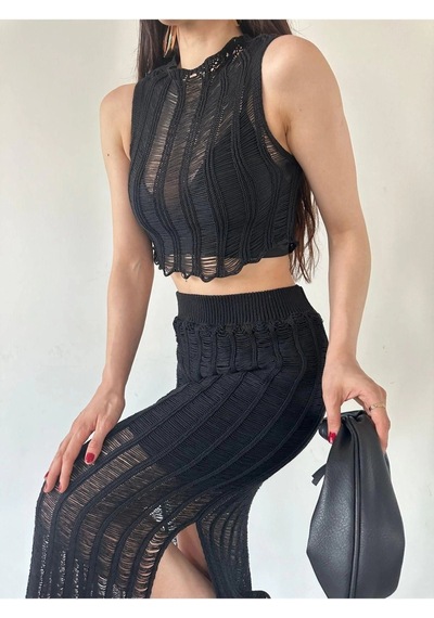 Ersefa Moda Ajurlu Bisiklet Yaka Casual Günlük Ekru %100 Pamuk Ajurlu De siyah