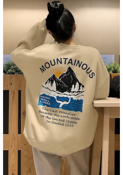Benroma 3 İplik Penye Mountainous Baskılı Sweatshirt Bej
