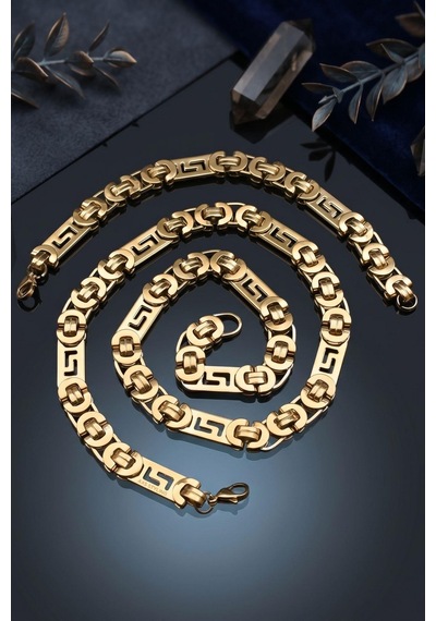 Paslanmaz Çelik Euro Kral Model Erkek Kolye Zincir Ve Bileklik Set 10 Mm Altın Kaplama 902914