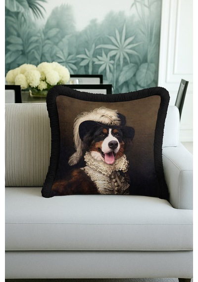 Asil Köpek Portresi Temalı Lüx Saçaklı Yastık Kılıfı-modern Klasik Siyah Püsküllü Kırlent Kılıfı Çok Renkli