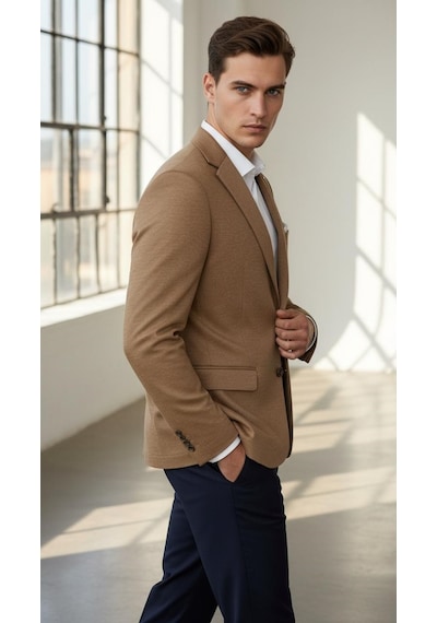Plus Scorpion Erkek Esnek Kumaş Slim Fit Blazer Ceket Günlük & Ofis Şıklığı Taba