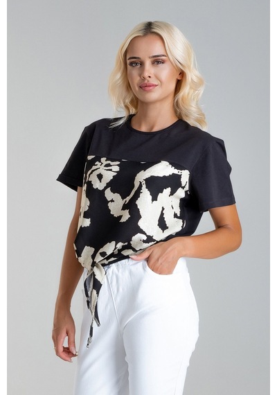 Kadın Bağlamalı Baskılı Viskon Kombinli Likralı Örme Kumaş Sıfır Yaka Tshirt Ekru - Siyah Kadın Bağlamalı Baskılı Viskon Kombinli Likralı Örme Kumaş Sıfır Yaka Tshirt Ekru - Siyah