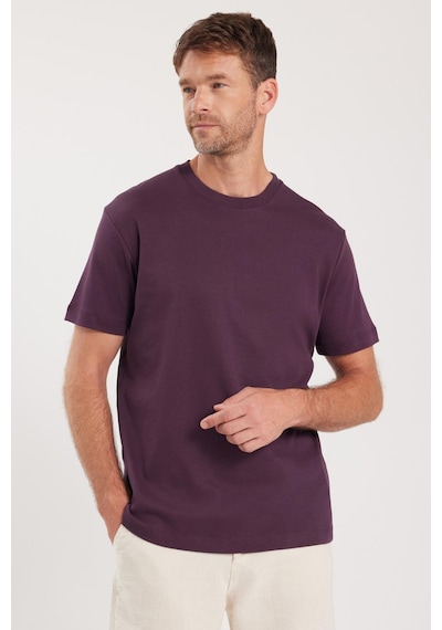 Tudors Unisex Relax Fit Rahat Kesim %100 Pamuk Yumuşak Dokulu Hafif Kalın Eflatun Bisiklet Yaka Tişört-36913 Eflatun
