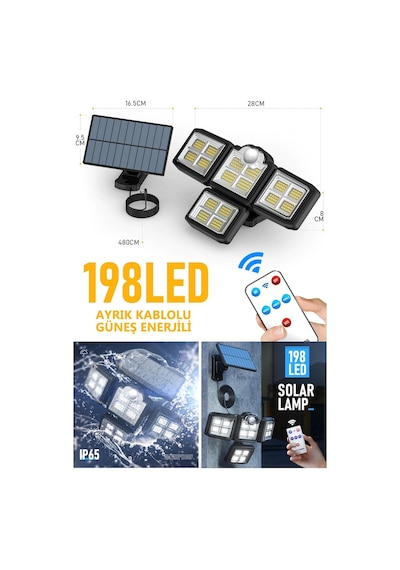 Technojet Solar Güneş Enerjili 198 Ledli Kumandalı Hareket Sensör