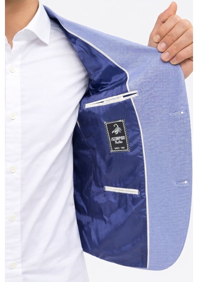 Plus Scorpion Erkek Slim Fit Ceket Kol Yamalı Çift Yırtmaç Mikro Desenli Blazer Indigo