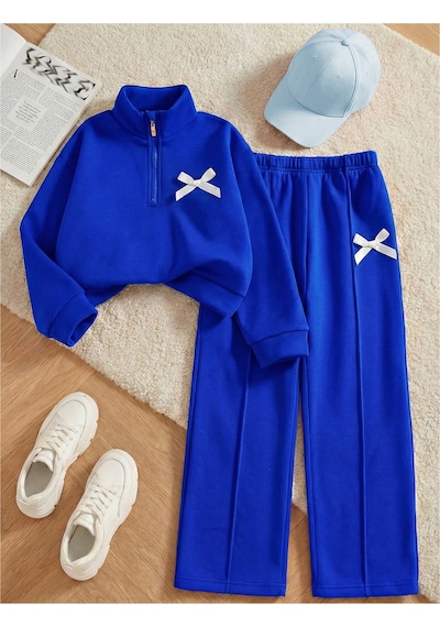 Uyguntarz Çocuk Yeni Fiyonk Baskılı %100 Pamuk Uzun Kollu Yarım Fermuar Sweatshirt-eşofman 3-12yaş Mavi