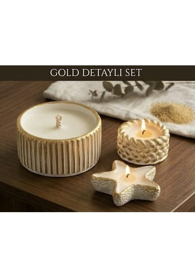 Dekoratif Taş 3'lü Set Amber Sandal Ve Gül Kokulu Mumluk Ve Mum Gold