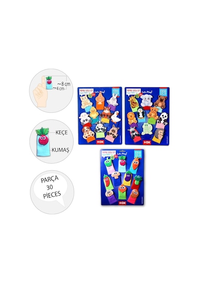 3 Set - 30 Parça Tox Evcil . Vahşi Hayvanlar ve Sebzeler Parmak K.