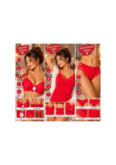 Üç Gül Ticaret Ruby Dantel 3 Lü Set Kırmızı