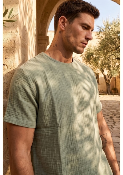Combattente Exclusive Products Kısa Kol Oversize Müslin Erkek Tshirt - 2026 Erkek Tişört Kreasyonu Çağla Yeşili