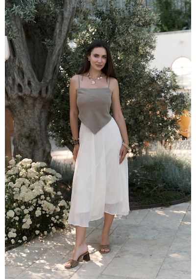 Mai Collection Mai Studios Co. Kita Üçgen Detay Çizgili Haki Keten Crop Haki