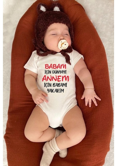 Bebeqon Babam Için DünyAyı Annem Için Babamı Yakarım Yazılı Bebek Zıbını Bbqnz028 Ekru