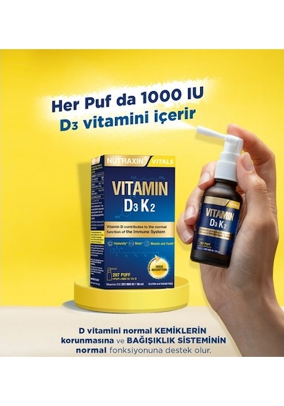 Nutraxin Vitals D3k2 30 Ml - 1000 Iu D3 Vitamini, 25 Mcg K2 Vitamini