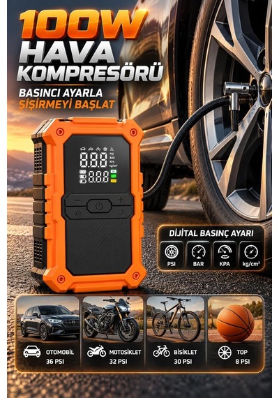 Tr Akü Takviye Hava Kompresörü 150 Psı 24000 Mah 2000 Amper Taşınabilir Araç Lastik Şişirme Pompası Powerbank L