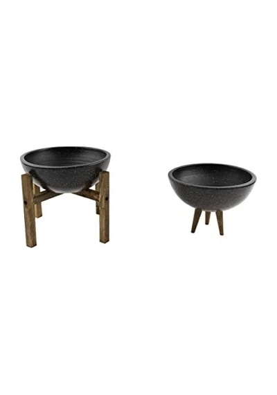 İkili Set Siyah Granit 20 Cm Çapında 3-4 Ayaklı Bitki Saksısı
