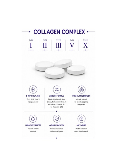 Collagen Forte Platinum 5 Tip Kolajen Vitamin ve Mineral İçeren Takviye Gıda 500 MG 90 Tablet