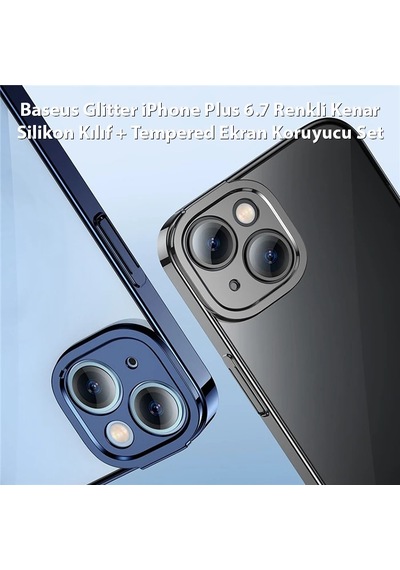 Baseus Glitter Apple iPhone Uyumlu 14 Plus 6.7 Renkli Kenar Silikon Kılıf + Tempered Ekran Koruyucu Set- 5775 Siyah
