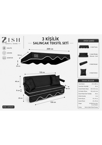 Altaleno 3 Kişilik 150 48 Cm Süngerli Bahçe Balkon Salıncak Minderi Yıkanabilir Kılıflı, Tenteli Keten Kumaş Tekstil Seti 24 Dns 8 Cm Orta Sert Sünger Antrasit