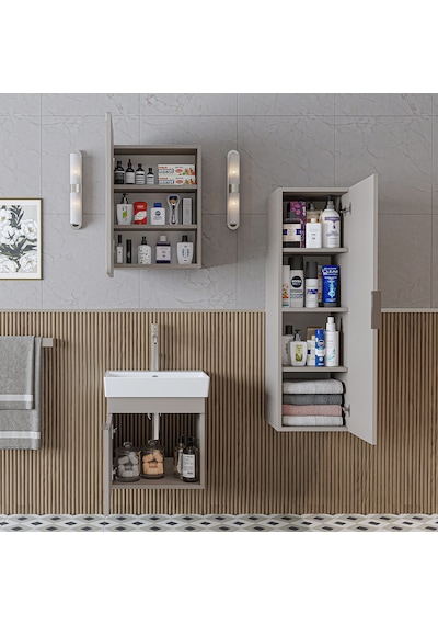 Likya Kapaklı Lavabolu 50 Cm Banyo Alt Dolabı + Üst Dolabı + Banyo Boy Dolabı Kumtaşı Likya Kapaklı Lavabolu 50 Cm Banyo Alt Dolabı + Üst Dolabı + Banyo Boy Dolabı Kumtaşı