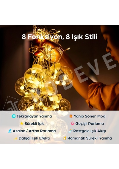Robeve Işıklı Yılbaşı Top Led Led Işık Saçak Led Top Dekoratif Yılbaşı Led 2.5 Metre 138 Led 8 Fonksiyonlu 8 Modlu Led Işık Günışığı Perde Led Gün Işığı