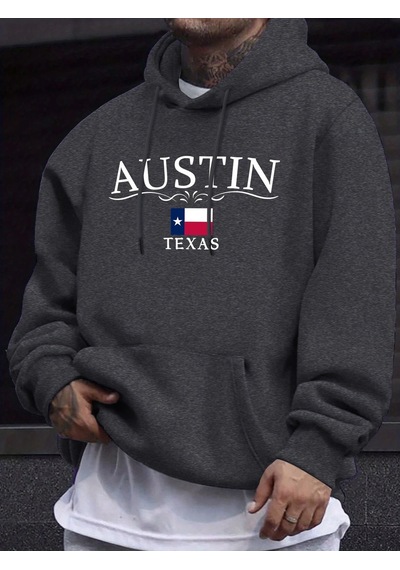 Startmore Tarzsokak Austin Texas Harfli Baskılı Polar Moda Giyim Erkek Temel Sıcak Kapüşonlu Üst Sonbahar Spor Ti Antrasit