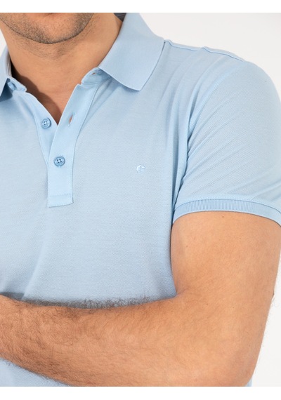 Buz Mavisi Polo Yaka Slim Fit Basic Merserize T-shirt Acık Mavı